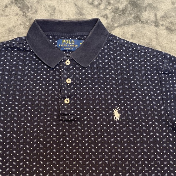 Polo Ralph Lauren Polo Shirt Mens Medium Blue Micro Paisley Print Classic Fit - Picture 6 of 7